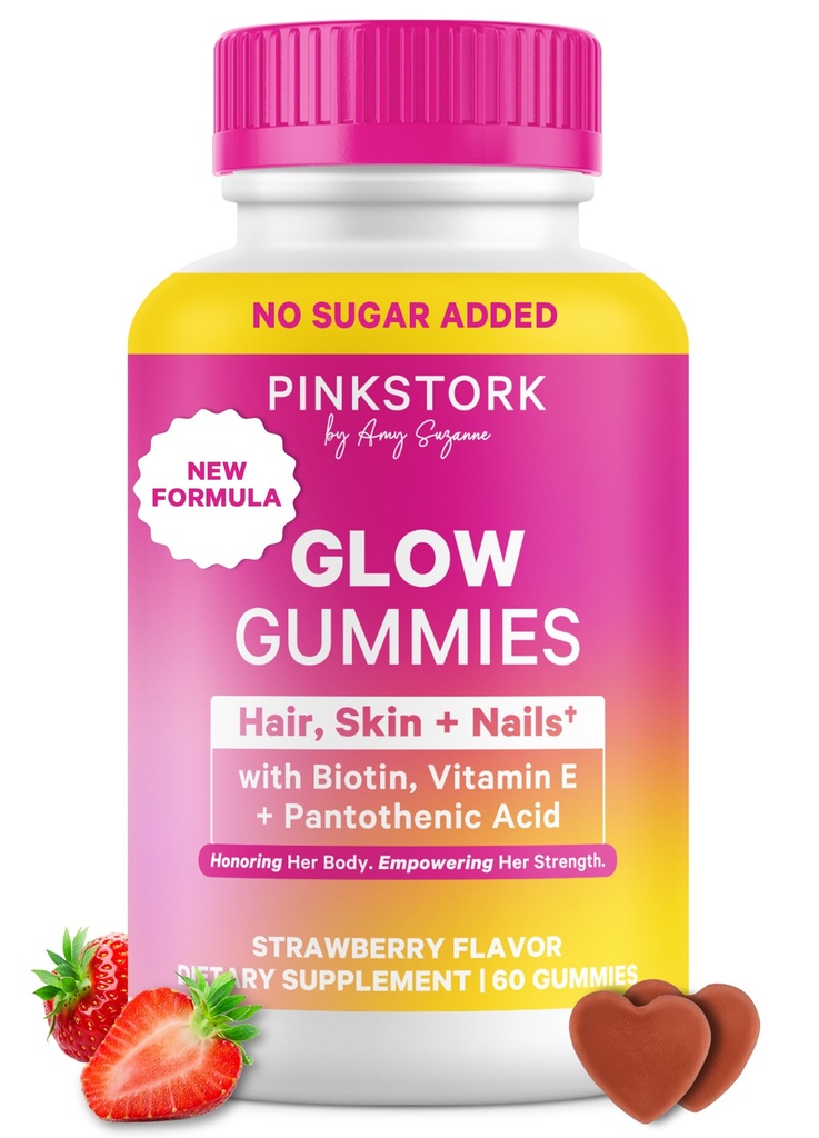 여성을위한 핑크 Stork 총 Glow Gummies - 머리, 피부 및 뼈 비타민 Biotin, 비타민 A, B6, B12, Folate, 아연 및 더 - Radiant 피부, 강한 손톱 및 건강한 머리카락에 대한 지원 - 60 Berry Gummies