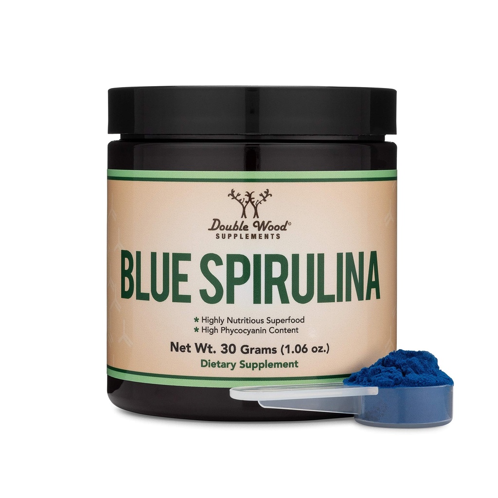 Blue Spirulina Powder - 최대 35 % Phycocyanin 함량, Blue-Green Algae의 슈퍼 푸드 파우더, 스무디 및 단백질 음료, 공장 식품 착색 (1 개월 공급) 더블 우드로 혼합