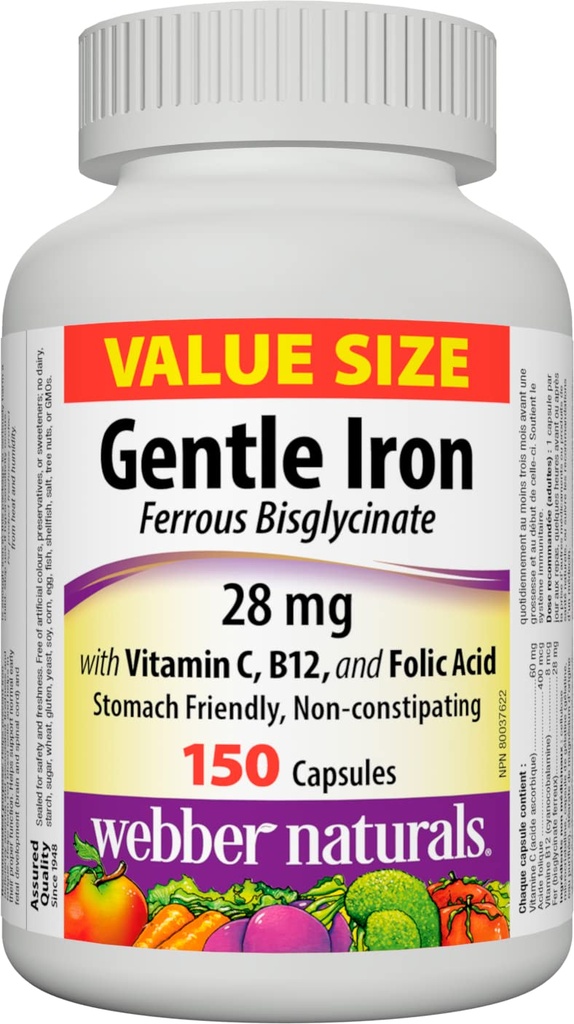 Webber Naturals Gentle Iron Supplement with Vitamin C, B12 및 Folic Acid, 28 mg, 150 캡슐, Stomach-Friendly, Non-Constipating, 도움 방지 철 결핍 빈혈