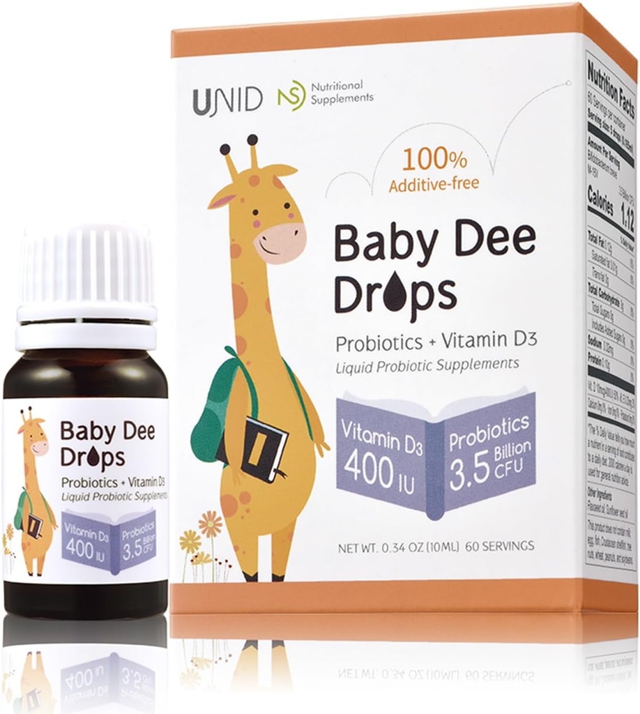 BabyDee Drops Probiotics (3.5 억 CFU) + 비타민 D3 (400 IU) | 유아용 100% 첨가제 무료 액체 프로바이오틱 & 비타민 D3, 유아용, 모든 연령대 | 면역력 지원 | 0.34 Fl Oz