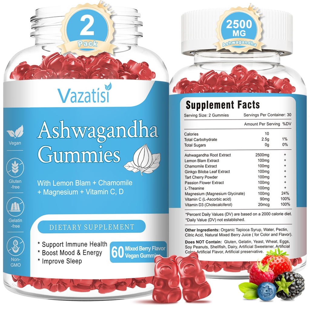 여성 남성을위한 2 팩 Ashwagandha Gummies, 설탕 무료 유기 Ashwagandha Gummies 보충 휴식 복원 균형, Vegan Gluten 무료, 120 카운트