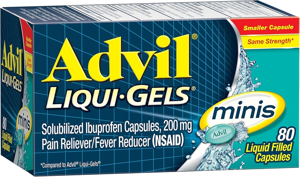 Advil Liqui-Gels Minis Pain Reliever와 Fever Reducer, 통증 완화를위한 Ibuprofen 200mg 성인을위한 통증 의학 - 80 액체 채워진 캡슐