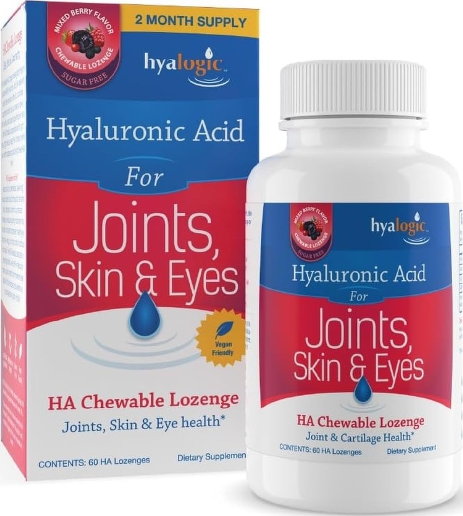 Hyalogic Hyaluronic 산 Chewable Lozenge - 피부 관리 & 눈을위한 Chewable 정제 - Vegan, Sugar-Free 및 Berry Favored Hyaluronic Acid 보충제 (60 개)