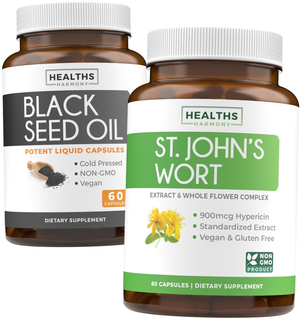 Black Seed Oil & St. John 's Wort (1 개월 공급) Serene Blend Bundle of Black Seed Oil (60 캡슐) Cold-Pressed Nigella Sativa & St. John 's Wort (60 캡슐) 강력한 900mcg Hypericin