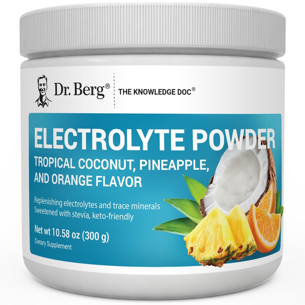 Dr. Berg Zero Sugar Hydration Keto Electrolyte Powder - 칼륨 1000mg / Real Pink Himalayan Salt (NOT Table Salt) - 열대 코코넛, 파인애플 및 오렌지 음료 보충 50 서빙