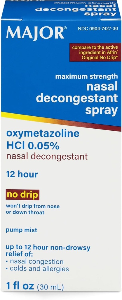 MAJOR 최대 힘 Nasal Decongestant 살포, Oxymetazoline HCl 0.05% 펌프 Mist의 Nasal 살포, Nasal Congestion, 감기 및 알레르기 1 Fl. Oz에서 12 시간 기복까지 비 돌리십시오. (1 팩)