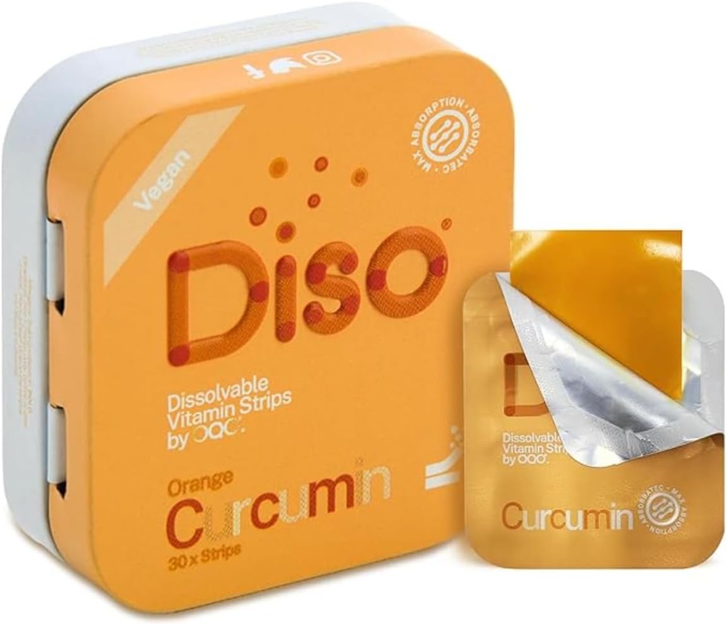 DISO - Curcumin - 빠른 용해 심황 구두 스트립, 오렌지 맛, 채식, 설탕 무료, 최대 흡수, 글루텐 무료, 개별적으로 포장, 30 Dissolvable 스트립