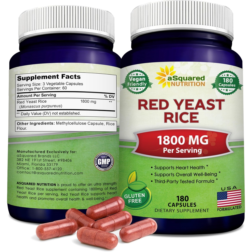 aSquared 영양 빨간 효모 쌀 1800mg - 식이 보충 식이 분말 알약을 지원 심장 혈관 건강 - 180 Veggie 캡슐