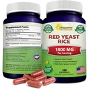 aSquared 영양 빨간 효모 쌀 1800mg - 식이 보충 식이 분말 알약을 지원 심장 혈관 건강 - 180 Veggie 캡슐