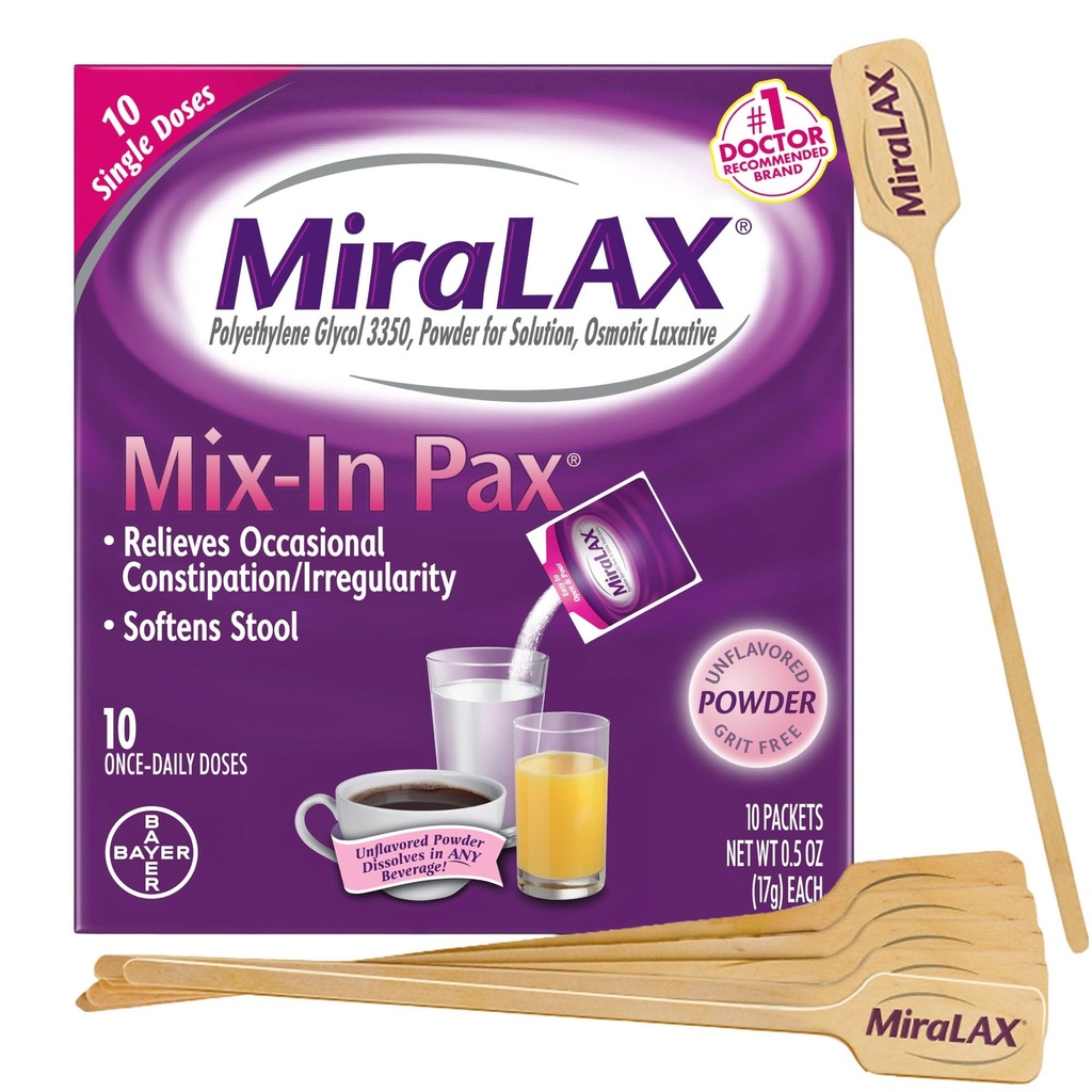 MiraLAX Gentle 변비 완화 Laxative 분말, PEG 3350, Harsh 부작용 없음, 혼합 Stirrers, 여행 팩, 10 복용량을 가진 단 하나 복용량 혼합에서 Pax