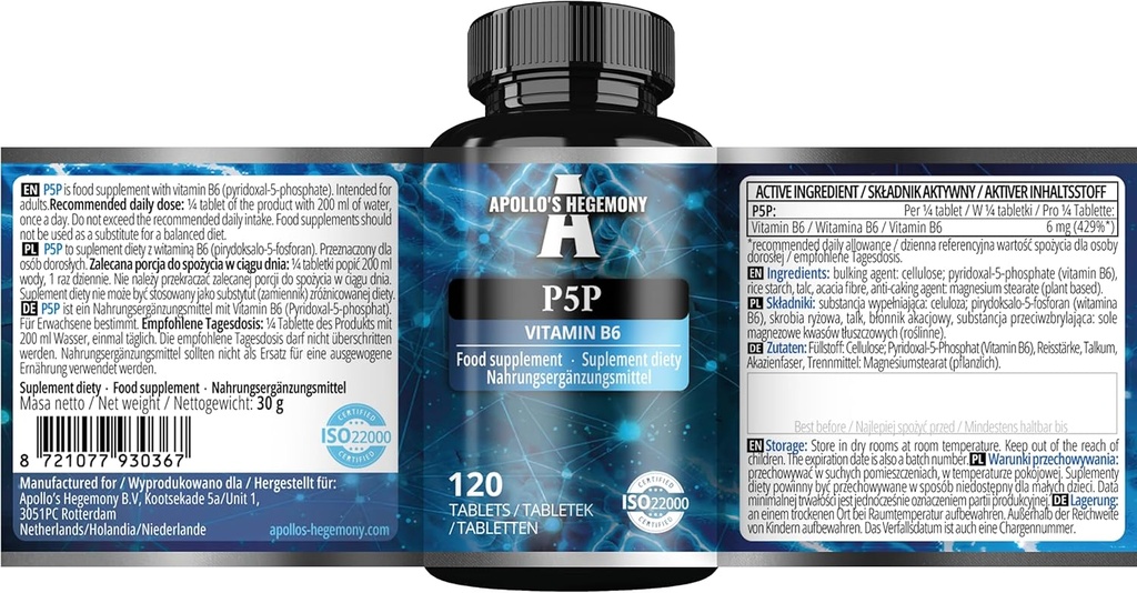 Pyridoxal-5-Phosphate (P-5-P) 정제 당 50 mg - 120 Vegan 정제 - 480 서빙에 대한 공급 - Nerve 및 심리적 기능 지원 - 비타민 B6 다이어트 보충 - 아폴로의 Hegemony