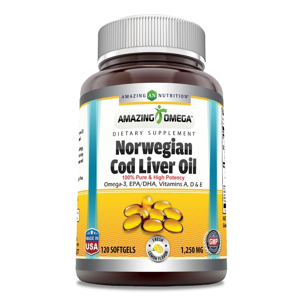 어메이징 오메가 노르웨이 코드 잉어 오일 1250 Mg Softgels 보충 | 오메가-3, EPA, DHA, 비타민 A, 비타민 D & 비타민 E (레몬 | 120 개)