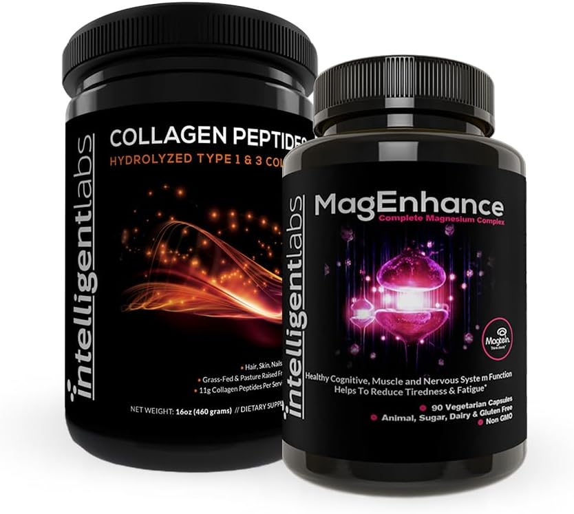 MagEnhance 보충교재 (높은 흡수 킬레이트 마그네슘 복합체)와 교원질 펩티드 분말 (Unflavored 유기 가수분해된 유형 1 & 3 교원질 단백질 분말)의 지적인 실험실 2-in-1 뭉치