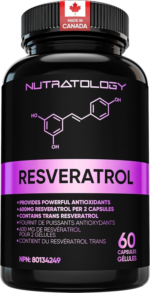 Nutratology Resveratrol 보충교재 유력한 산화를 억제하는 보충교재 - 노화 방지 Trans Resveratrol - 증가 심장 혈관 건강, 세포 재생 & 머리 성장 - 60의 캡슐 - 30의 서빙