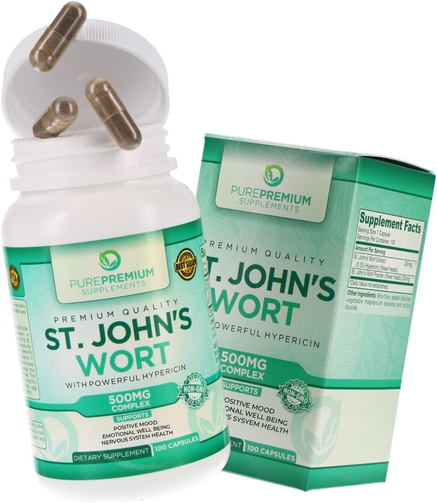 Pure Premium St. Johns Wort 캡슐 500mg - 무드 지원 보충교재 - 초본 & 자연적인 정상적인 긴장 보충교재 - 남자 & 여자를 위한 St John Wort 지원 긍정적인 계류 - 3 달 공급 - 100개의 캡슐