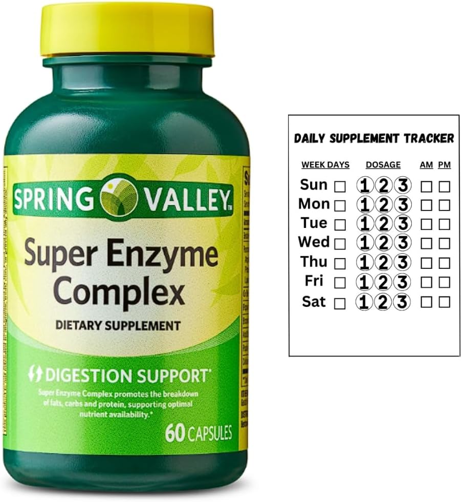 봄 밸리 슈퍼 Enzyme Complex 다이어트 보충, 60 캡슐 + 매일 보충 추적기 스티커