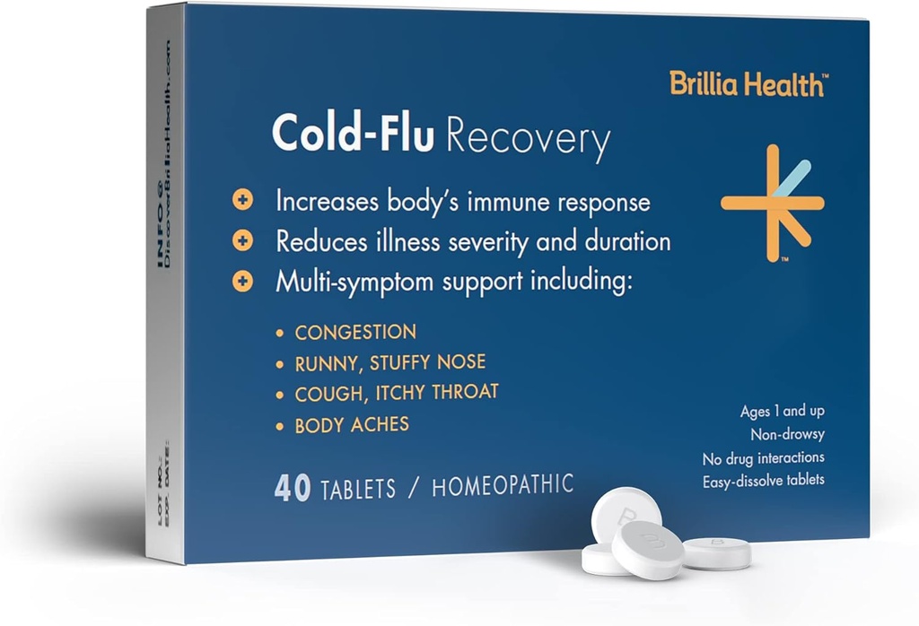 Brillia Health - Cold-Flu Recovery - 40 Tablets - Homeopathic Cold-Flu Relief - 성인 및 어린이를위한 임상 입증 완화 제공