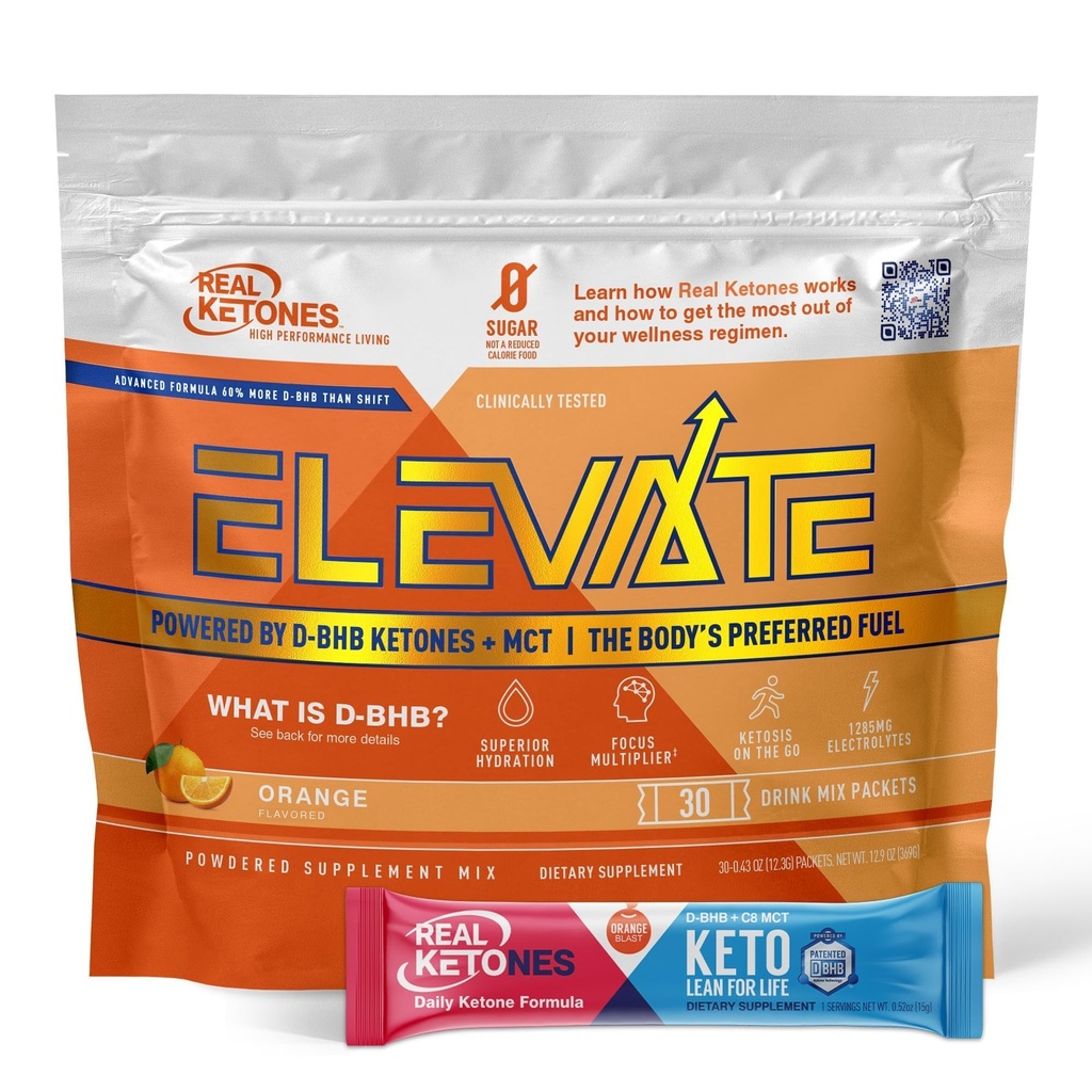 Real Ketones MCT & BHB Exogenous Ketones 음료 혼합 Packets Elevate Keto Electrolytes Powder Packets 4 메인 Electrolytes Plus Hydrating Proprietary Keto BHB - 30 팩 오렌지