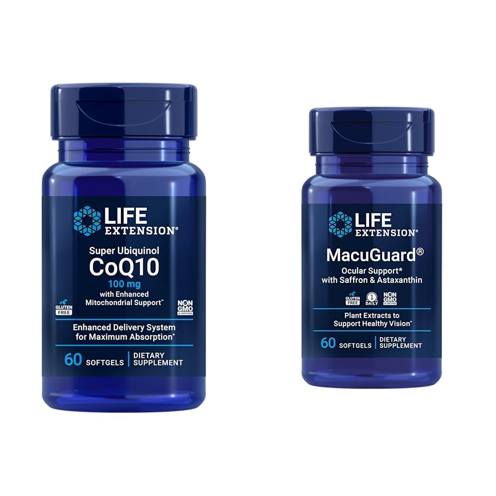 생활 연장 최고 Ubiquinol CoQ10 심장 건강 세포질 에너지 60 Softgels & Macuguard Ocular 지원 Lutein Zeaxanthin Saffron Astaxanthin 눈 건강 60 조사