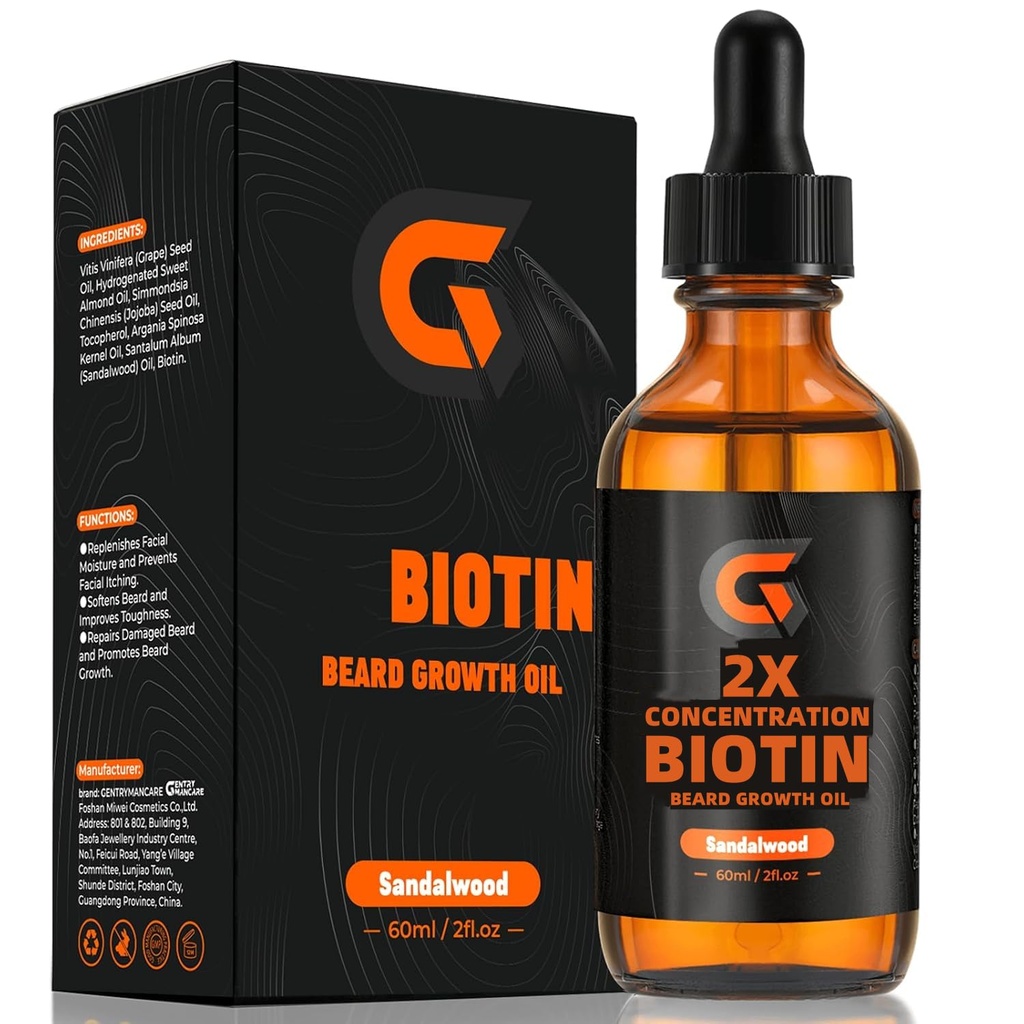 2X 농도 Biotin은 남성을위한 성장 오일을 Beard - Leave-In 컨디셔너 및 연화제 - 습기를 공급, 두껍게, 강도 및 촉진 얼굴의 모발 성장 - 유기 아르간 & 조호바 오일 - 2fl. 오즈