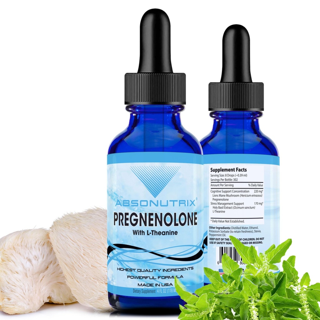 L-Theanine 진보된 공식 390 mg를 가진 Absonutrix Pregnenolone, 미국, 빠른 흡수, 질 유력한 성분, 비 GMO, GMP에 의하여 증명된 시설에서 만드는 4개의 Oz 액체, 302 서빙