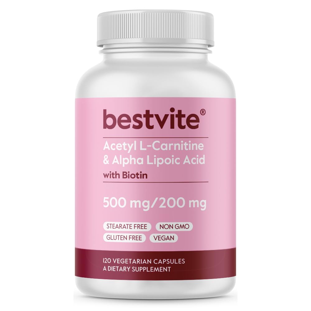 BestVITE Acetyl L 카르니틴 500mg & Biotin (120 채식 캡슐) 캡슐 당 알파 Lipoic 산 200mg - Stearates 없음 - Vegan - 비 GMO - 글루텐 무료