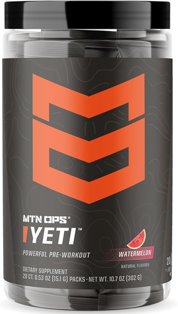 MTN OPS 예티 트레일 팩 Creatine, 200mg 카페인과 사전 운동 분말 에너지 음료 & 베타 알라닌과 BCAA, 20-Single 서빙, 수박