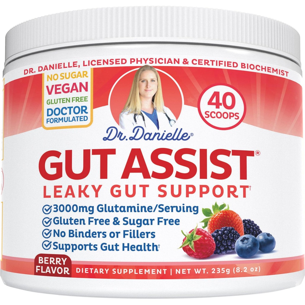 의사 Danielle Gut Assist - 누출 Gut 수리 보충 분말 - 글루타민, Arabinogalactan, Licorice 뿌리 - IBS, Heartburn, Bloating, 가스, 변비, SIBO를 Berry 맛 지원