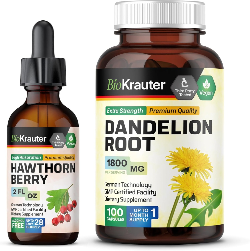 BIO KRAUTER Hawthorn Tincture 2 Fl. Oz. & Dandelion 100 캡슐