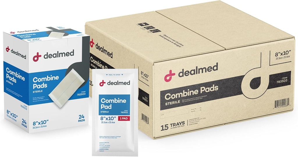 Dealmed Abdominal Combine 패드 8" x10” (360-Case) 메마른 개별적으로 감싸는, ABD 패드, 흡수성, 부상 배려, 배수장치, 응급 처치, 24/Box (15의 케이스)를 위한 비 Adherent