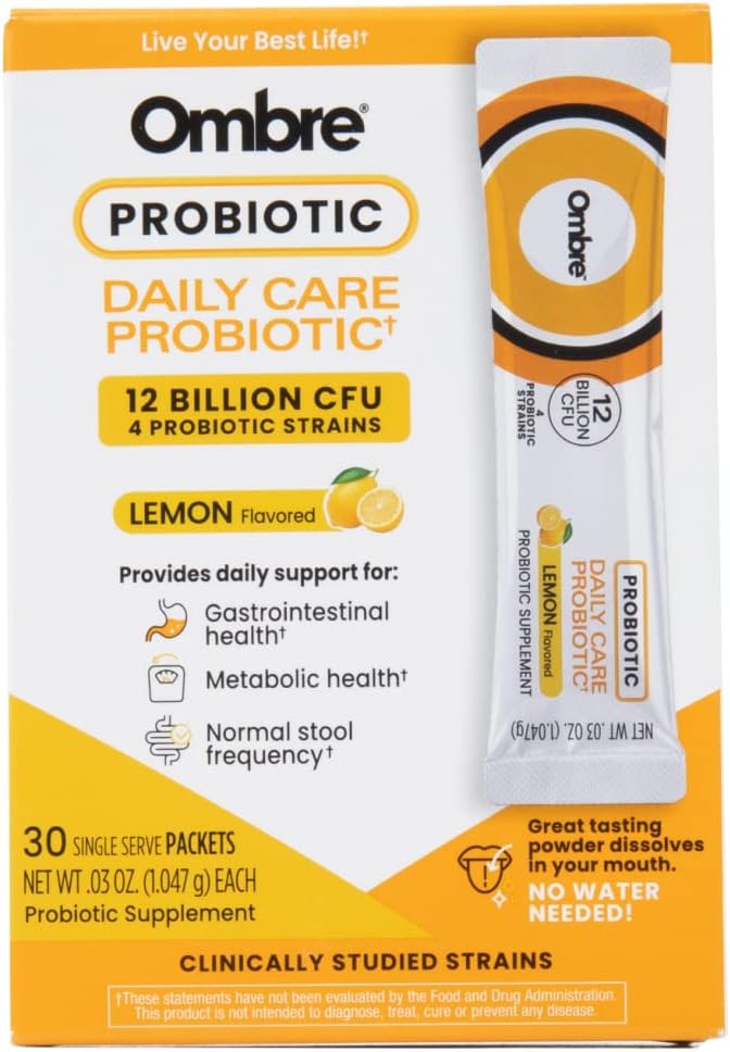 Ombre Daily Care Probiotic Powder - 여성, 남성 및 어린이를위한 Prebiotics 및 Probiotics - 빠른 용해 분말은 소화 건강 및 전반적인 웰빙을 촉진합니다 - 12 억 CFU - 레몬 맛, 30 패킷