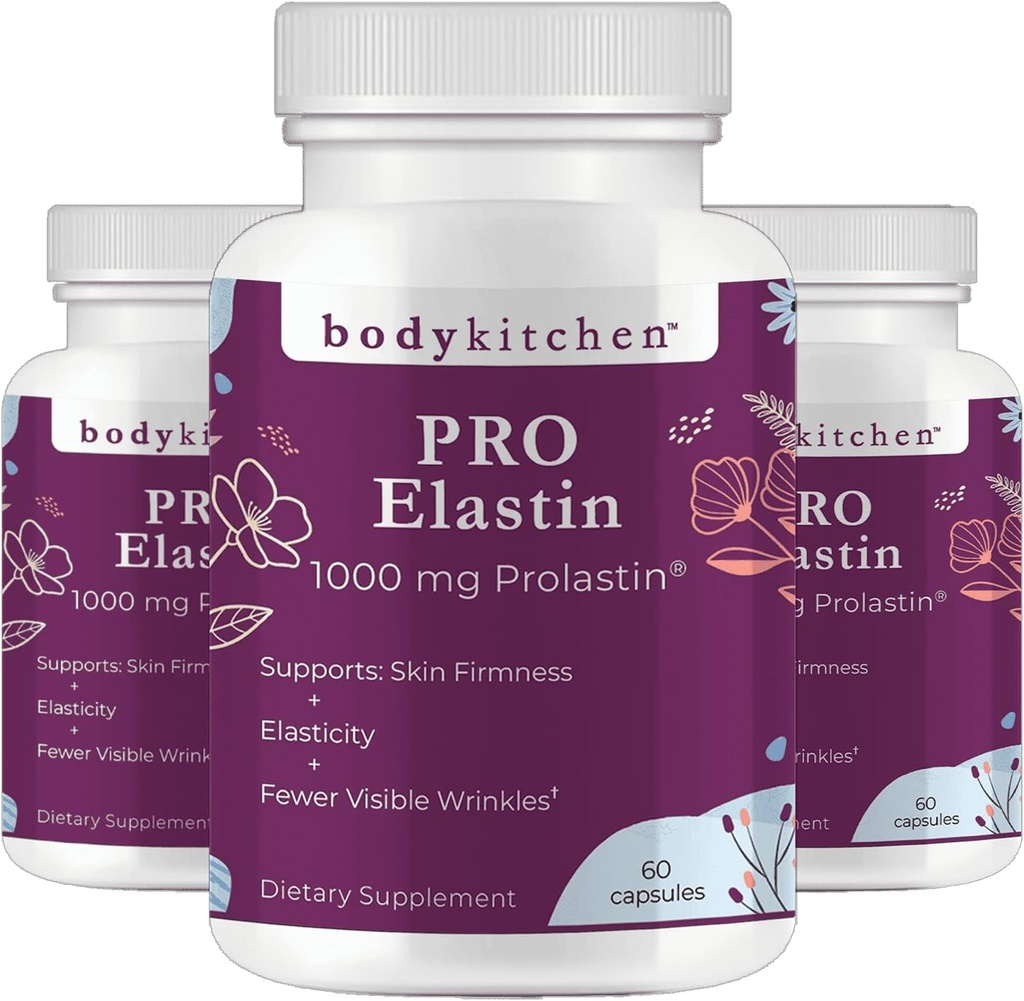 Body Kitchen Pro-Elastin 1000 mg Elastin Supplement, 노화, 개선 된 피부 건강, Firmness 및 탄력성, Fewer Wrinkles, Veggie Caps의 징후를 감소시킵니다 ( 3)