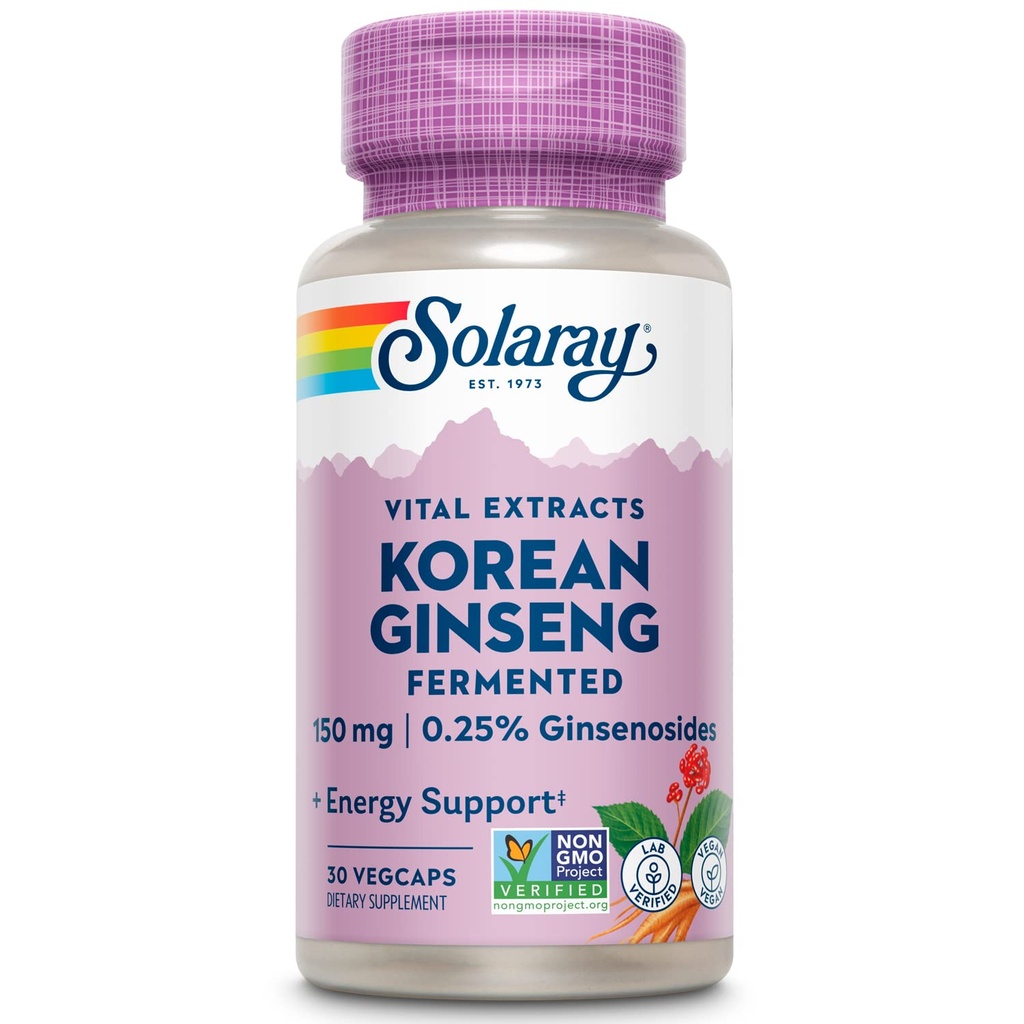 SOLARAY 발효 한국인삼 뿌리 추출물 | 건강한 스트레스, 에너지 및 물리적 내구시간 지원 | Vegan, Non-GMO | 30 VegCaps