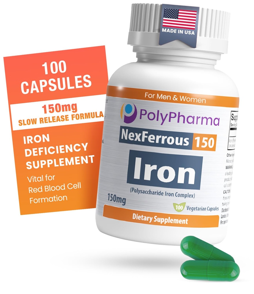 다당류 지원을위한 다당류 철 복합체 150mg - 철 부족의 예방 및 치료, Stomach, 높은 효능, 미국 - 마데, 100 캡슐에 대한 적혈구 형성, 게놈 지원