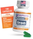 다당류 지원을위한 다당류 철 복합체 150mg - 철 부족의 예방 및 치료, Stomach, 높은 효능, 미국 - 마데, 100 캡슐에 대한 적혈구 형성, 게놈 지원