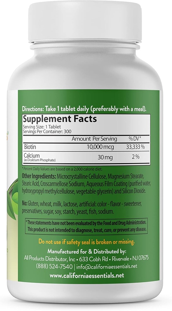 California Essentials Biotin 10000mcg | 비타민 B7는 건강한 피부, 모발 및 네일 성장 촉진 | 남성 및 여성을위한 높은 효능 다이어트 보충교재 | 비 GMO, Vegan, 글루텐 & 낙농장 무료 (300 정제)