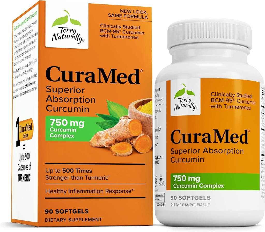Terry Naturally CuraMed 750mg - 뇌 및 심장 건강 지원을위한 산화제 보충 - 고휘도 쿠르쿠민 복합체 - Kidney, Liver & 면역 건강 지원 - 90 Softgels