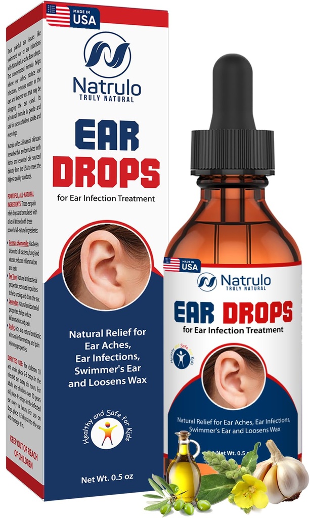 귀 감염을위한 Natrulo Ear Drops - 성인, 어린이, 아기, 개 및 애완 동물을위한 유기 귀 드롭 - 귀 통증, 가려운 귀, 감염, Swimmer의 귀, & Loosen 왁스 - 어린이 안전, 미국에서 만든