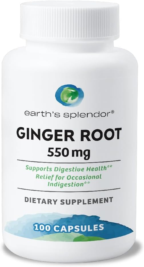 지구의 Splendor Ginger 뿌리 550 남자 & 여자를 위한 mg 보충교재, 지원 소화성 건강, 인공적인 색깔 또는 보존제 없음 (550 mg, 100 캡슐)