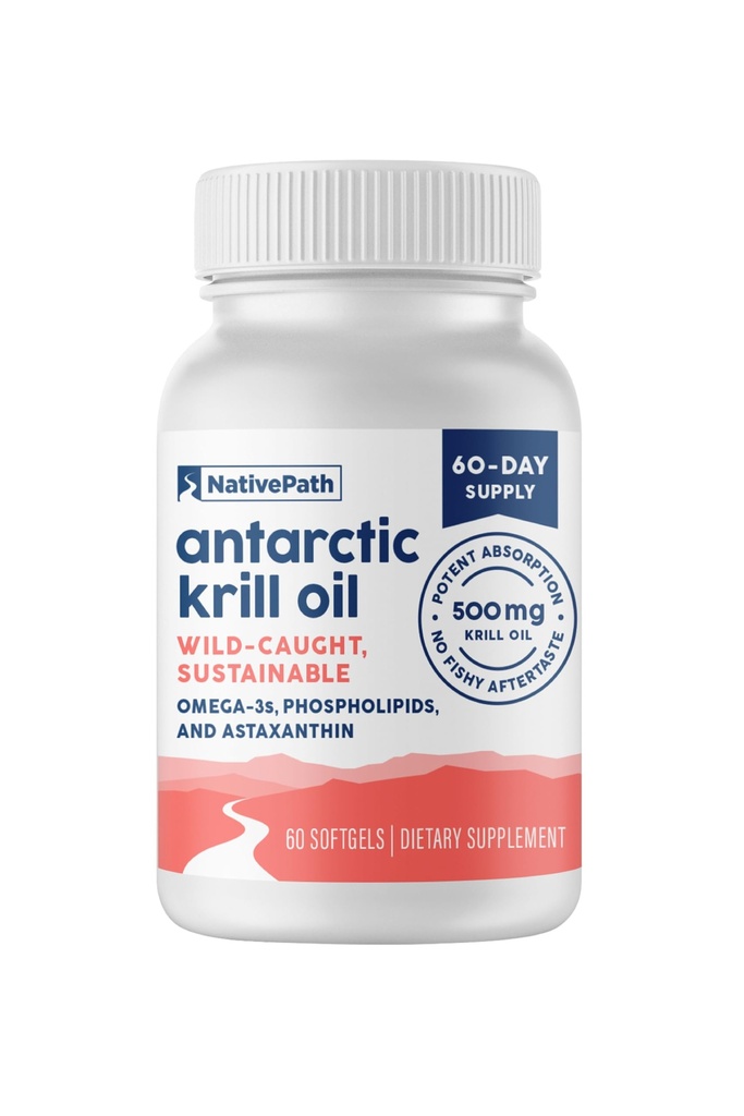 NativePath Antarctic Krill Oil - EPA, DHA 및 Astaxanthin을 가진 야생 잡은 Omega 3 Krill Oil 500mg Softgel - 합동, 심장, 두뇌 및 면역성을 위한 보충교재 - 60 ct - 물고기 aftertaste 없음