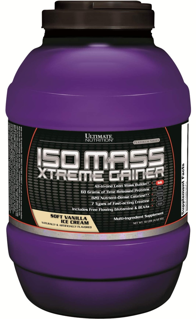 궁극적인 영양 ISO 질량 Xtreme 게인, 크레아틴을 가진 무게 게인 단백질 분말, 단백질의 60 그램, Lean 근육 이익을 위한 Whey Isolate 단백질 분말, 30의 서빙을 가진 10 LBS, 바닐라 아이스크림