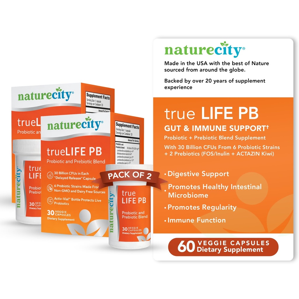 NatureCity True-Life-PB 선반 여성과 남성을위한 안정 혼합 프리 바이오 틱스 및 프로 바이오 틱 - 여성과 남성을위한 소화 Gut 건강 보조제 - Dairy Free - (60 Veggie 캡슐)