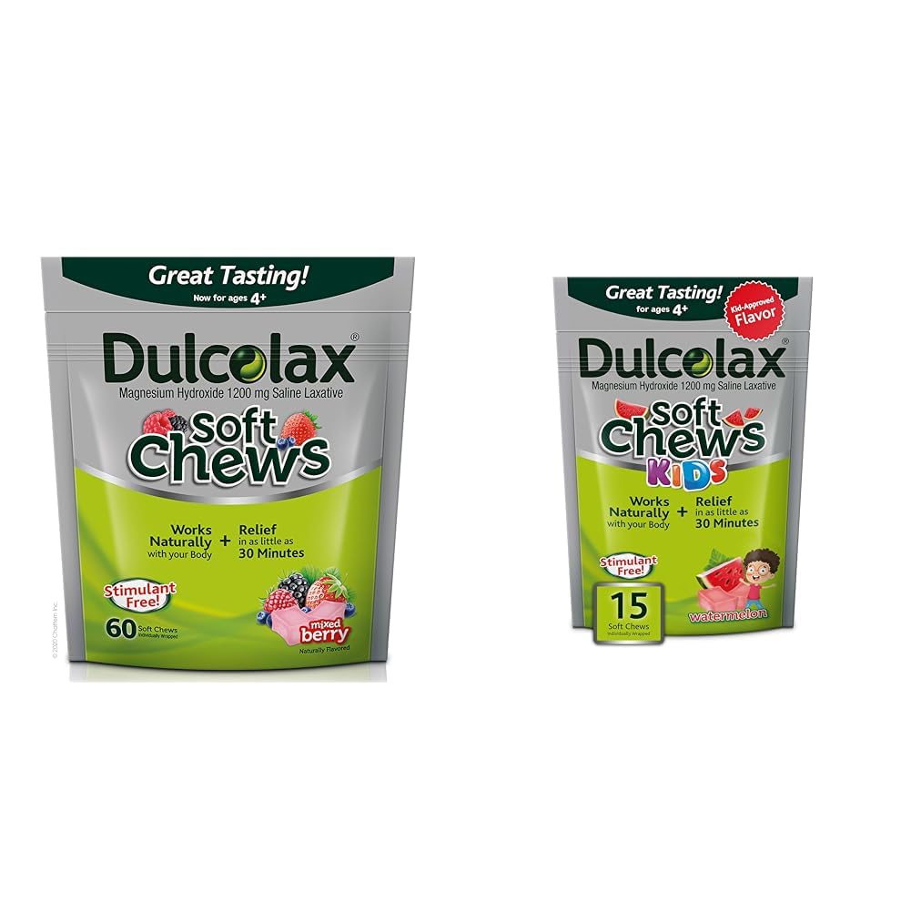 Dulcolax 연약한 Chews Saline Laxative 혼합 Berry (60ct) Gentle 변비 기복 & 아이 연약한 Chews Saline Laxative 수박 Gentle 변비 기복, 마그네슘
