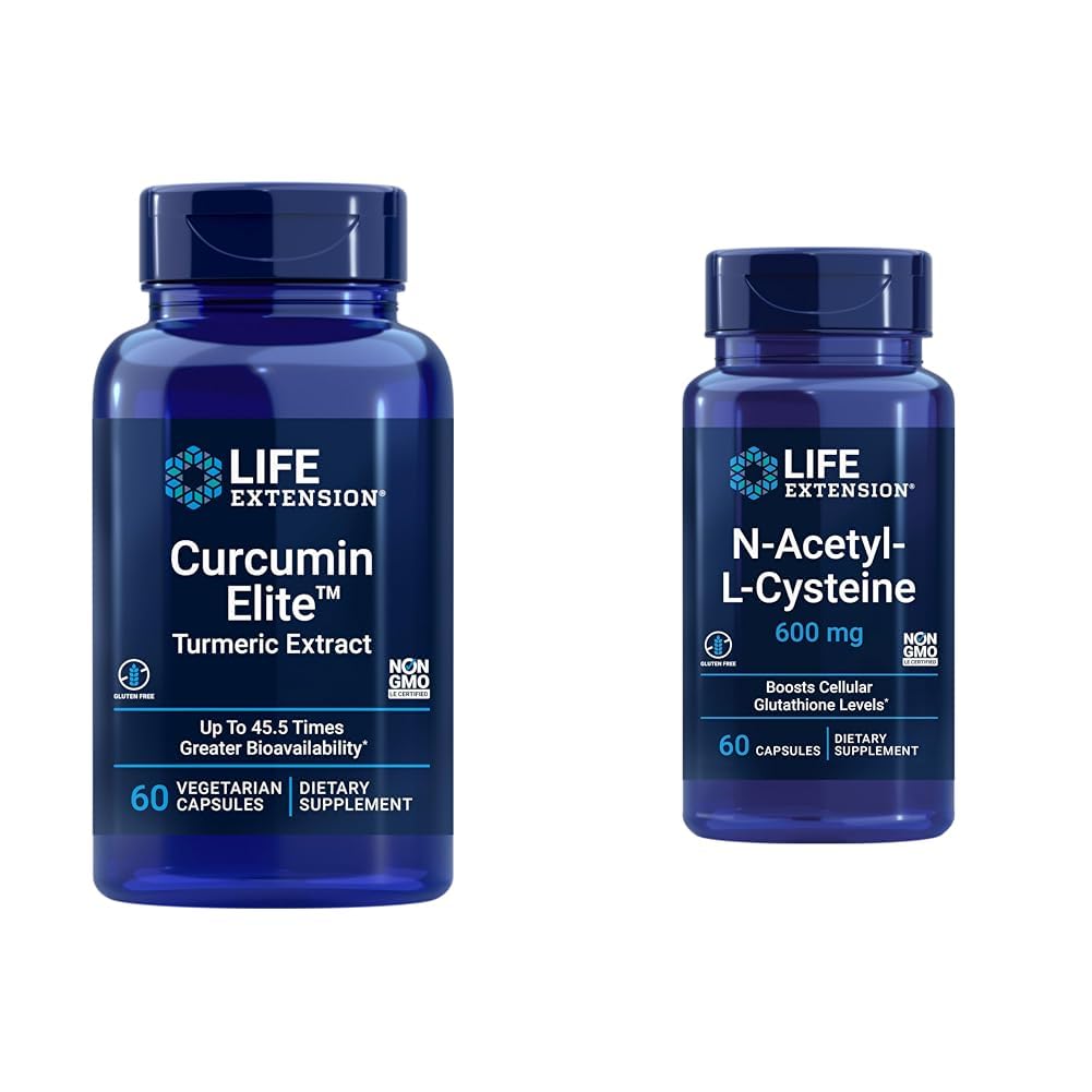 수명 연장 쿠르쿠민 엘리트 심황 추출물 & N-Acetyl-L-Cysteine (NAC), 면역, 호흡기, 간 건강, NAC 600 mg의 유력한 산화 방지제 지원, 흡수하게 쉬운, 60의 캡슐