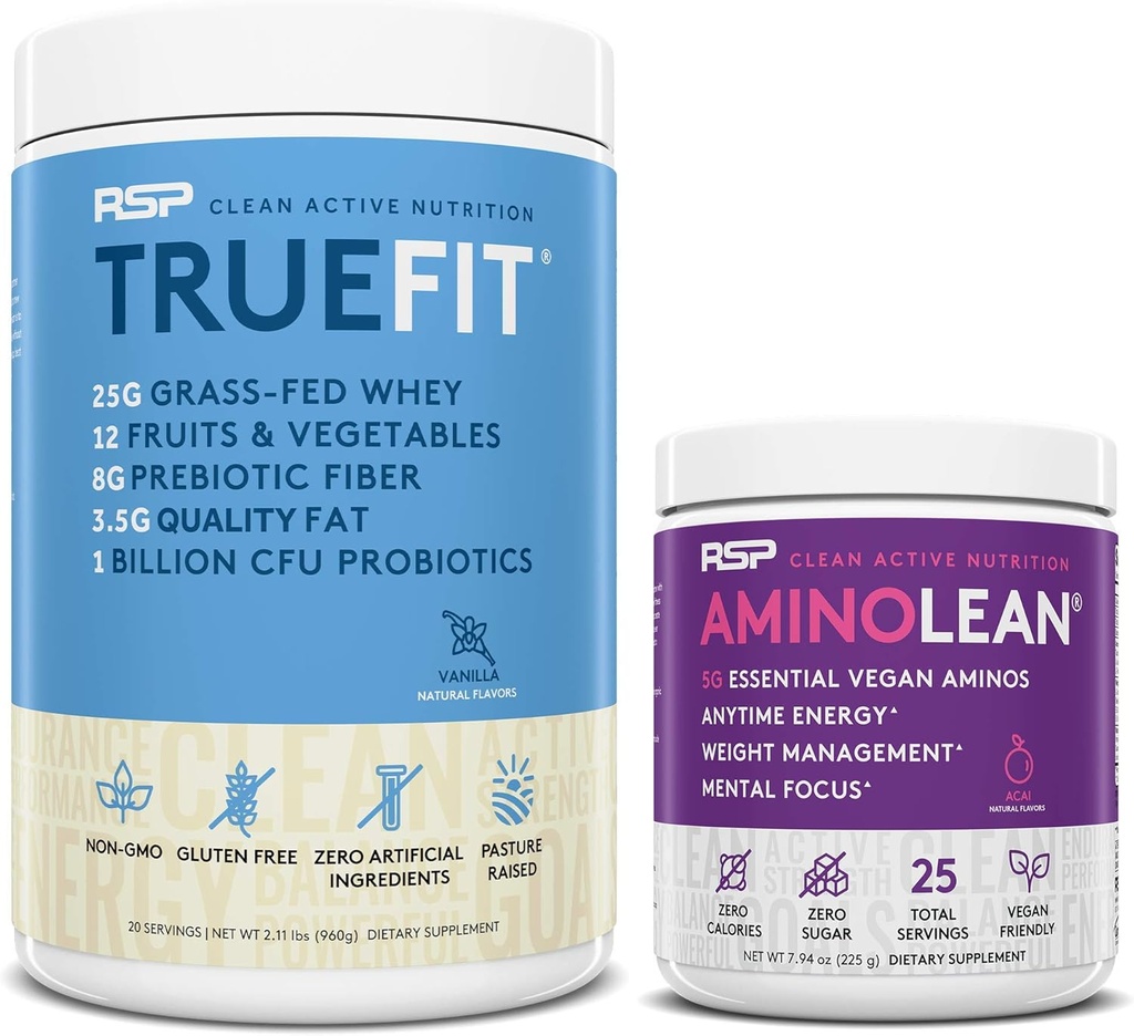 RSP NUTRITION Vegan AminoLean Pre 운동 에너지 (Acai 25 서빙) TrueFit Protein Powder (Vanilla 2 LB)