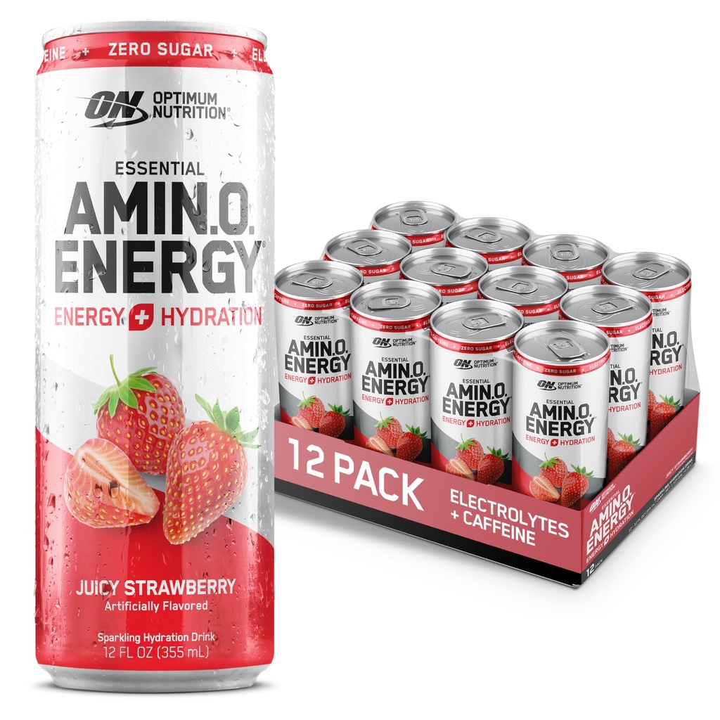 최적 영양 아미노산 에너지 Sparkling Hydration 음료, Electrolytes, 카페인, 아미노산, BCAAs, 설탕 무료, 수분이 많은 딸기, 12 Fl Oz, 12 팩 (패키지 May Vary)