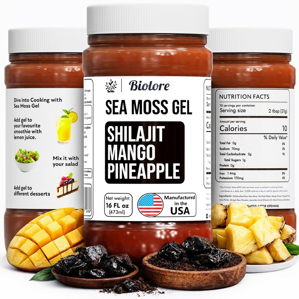 Biolore Wildcrafted Sea Moss Gel with Shilajit - Mango Pineapple 16 oz - Essential Vitamin & Trace Minerals - Vegan Superfood - Made in USA, 글루텐 프리, 설탕 없음