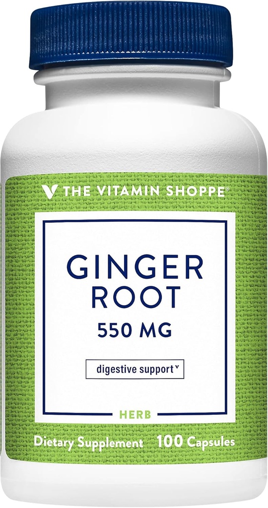 비타민 Shoppe Ginger 뿌리 550MG의 소화 및 소싱 (100 캡슐)를 지원하는 전체 허브 보충