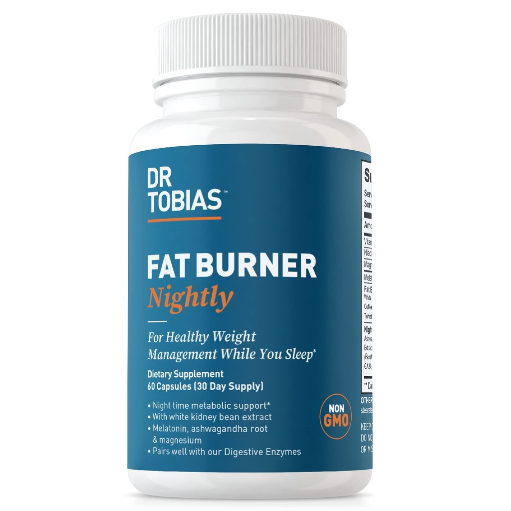 Dr. Tobias Fat Burner Nightly - White Kidney Bean Extract, Ashwagandha Root, Green Coffee Bean Extract & Melatonin과의 밤 시간 대사 지원 | Non-GMO (60 캡슐 30 일 공급)
