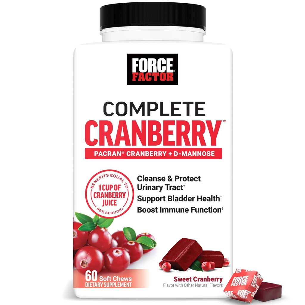 FORCE FACTOR Cranberry Soft Chews, D Mannose 및 Cranberry Extract를 사용하여 여성용 Bladder 및 Urinary Tract Health, Vegan, Sweet Cranberry 풍미, 60 Soft Chews를 지원합니다.